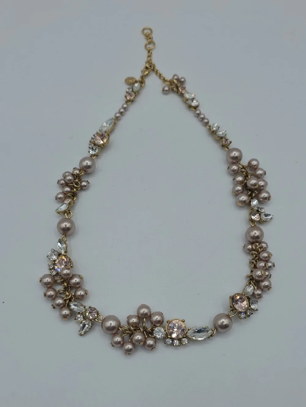 J. Crew Gold-Tone Necklace with Blush Pearl Clusters and Clear Crystals